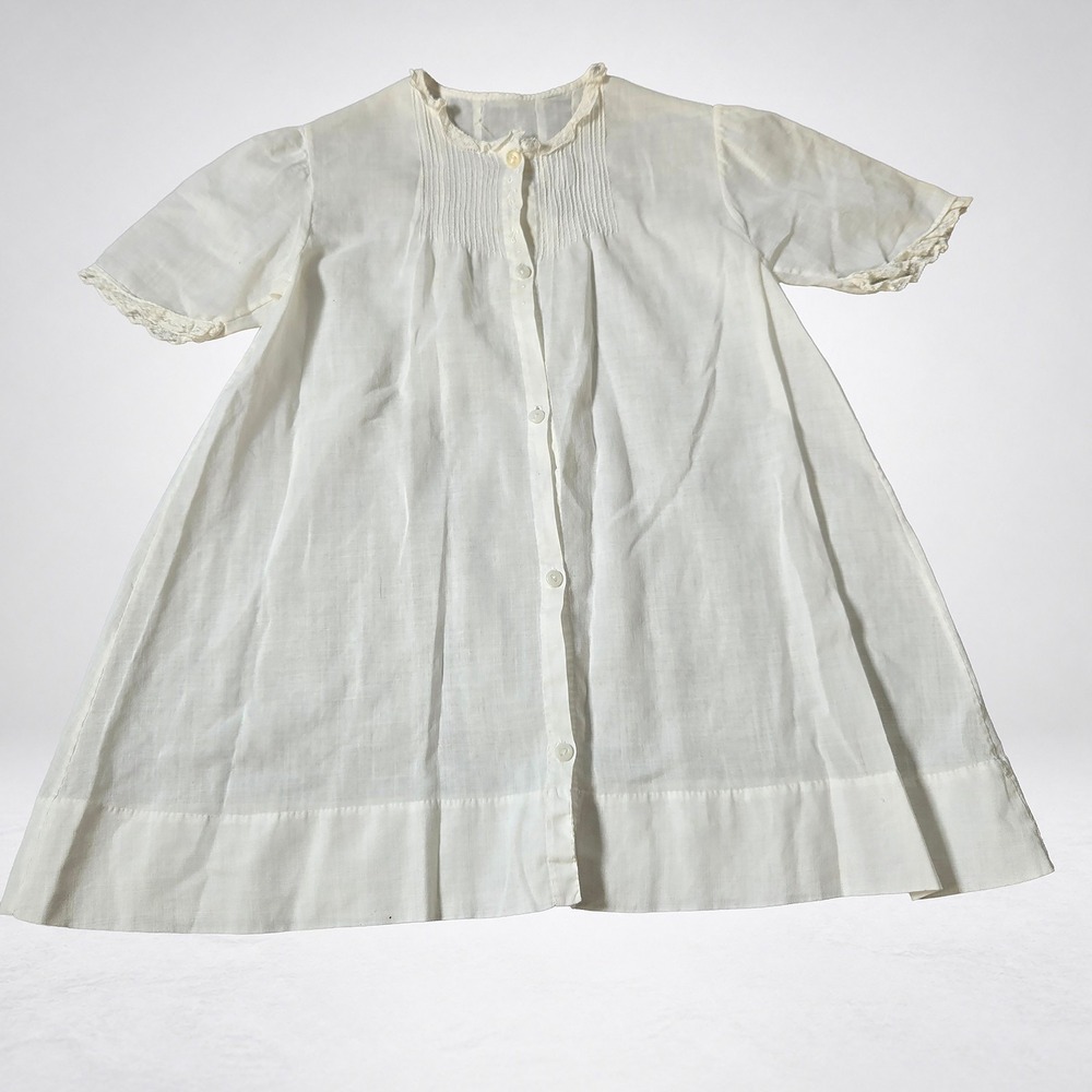 Handstitched Christening Gown 17in Pintucked Bodice Lace Trim Buttons